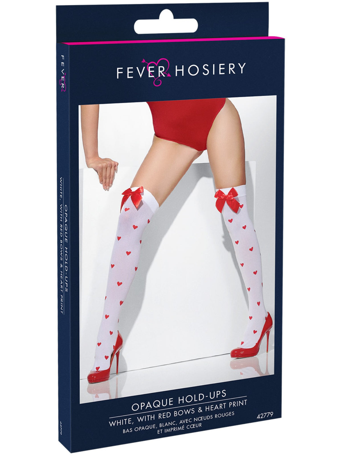 White Opaque Hold-Ups with Red Bows and Heart Print