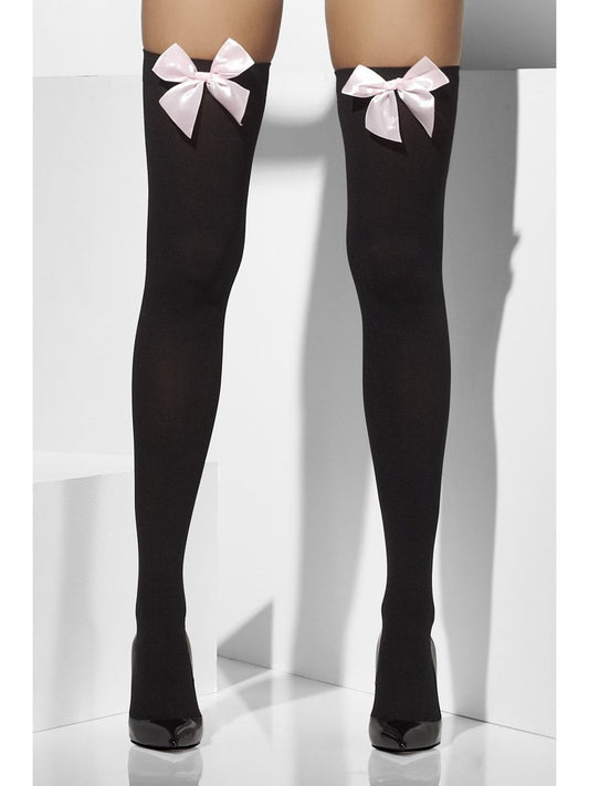 Black Opaque Hold Ups With Pink Bows Alternative View1