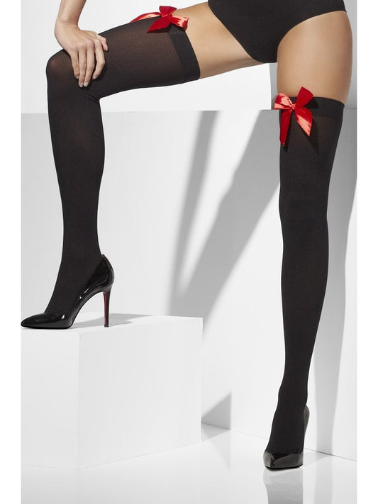 Black Opaque Hold Ups With Red Bows Alternative View1