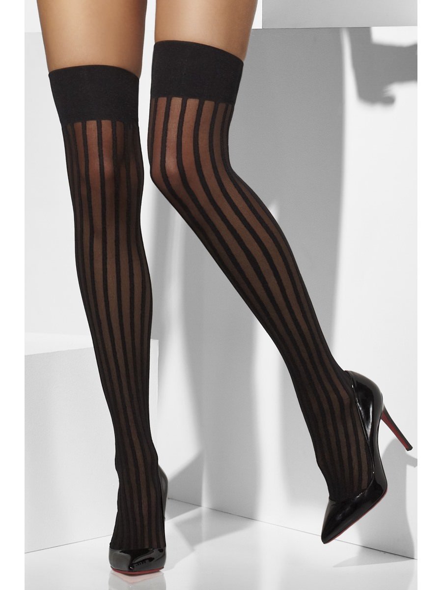 Black Sheer Hold Ups With Vertical Stripes Alternative View1