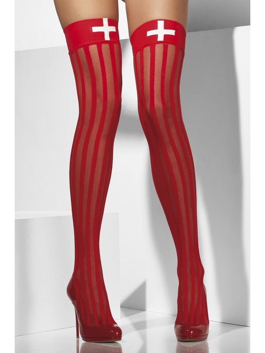 Red Sheer Hold Ups With Vertical Stripes And Cross Print Alternative View1