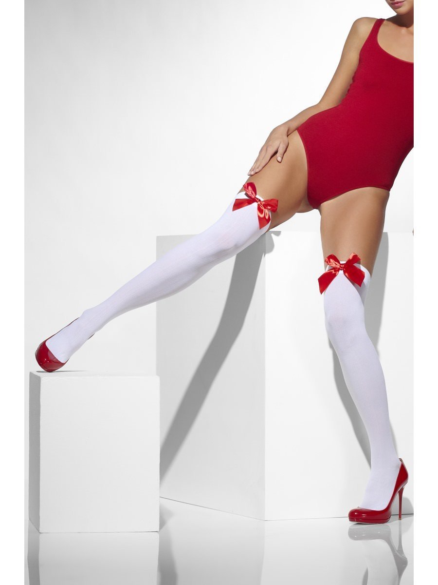 White Opaque Hold Ups With Red Bows