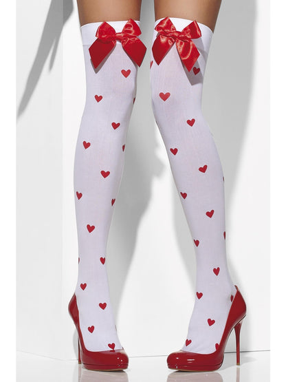 White Opaque Hold-Ups with Red Bows and Heart Print