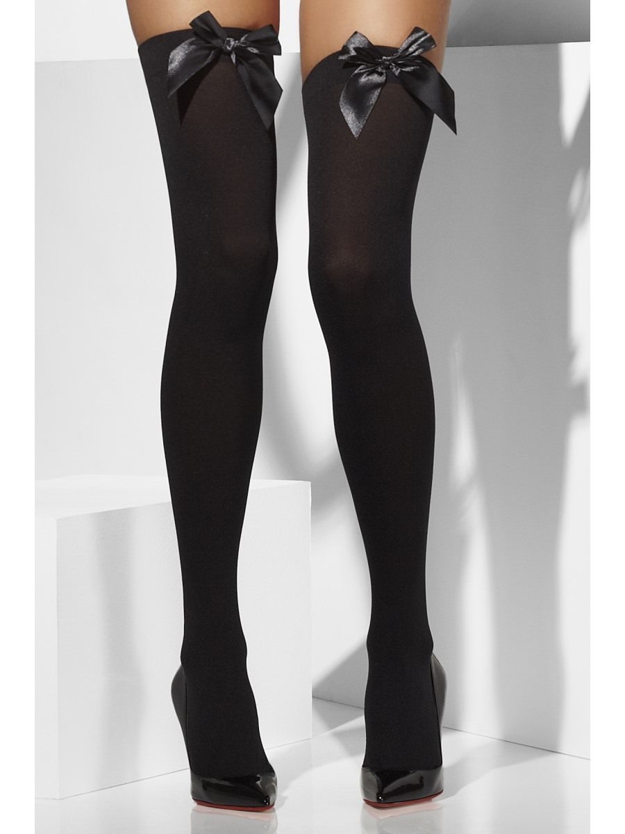 Black Opaque Hold Ups With Black Bows Alternative View2