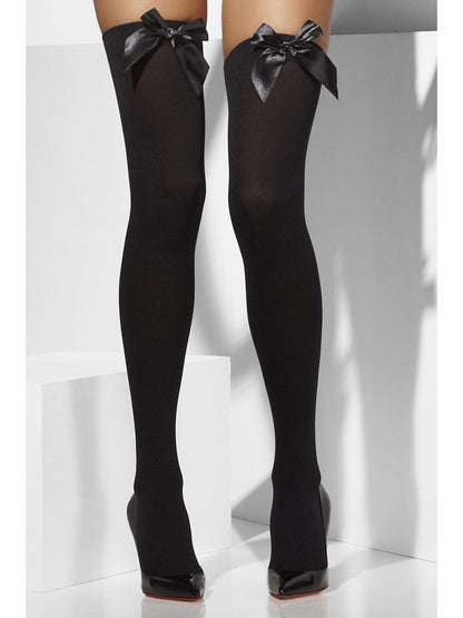 Black Opaque Hold Ups With Black Bows Alternative View2