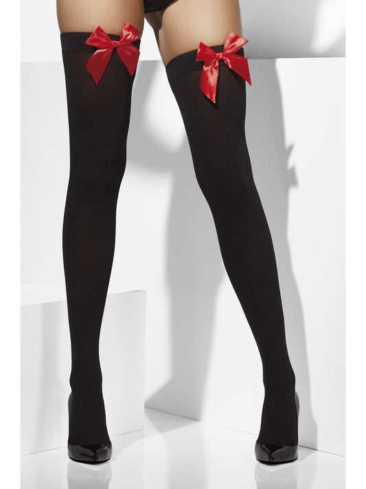 Black Opaque Hold Ups With Red Bows