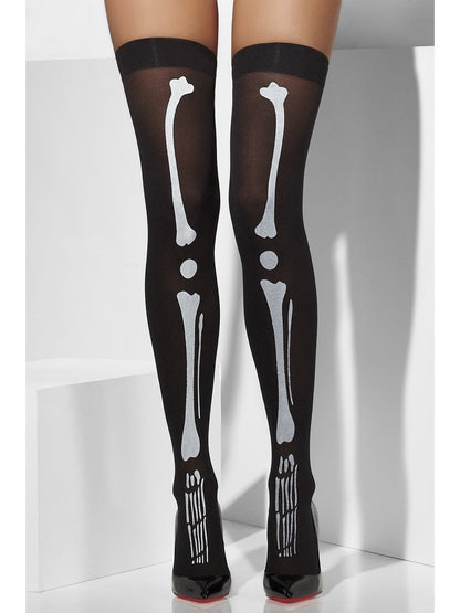 Black Opaque Hold Ups With Skeleton Print Alternative View1