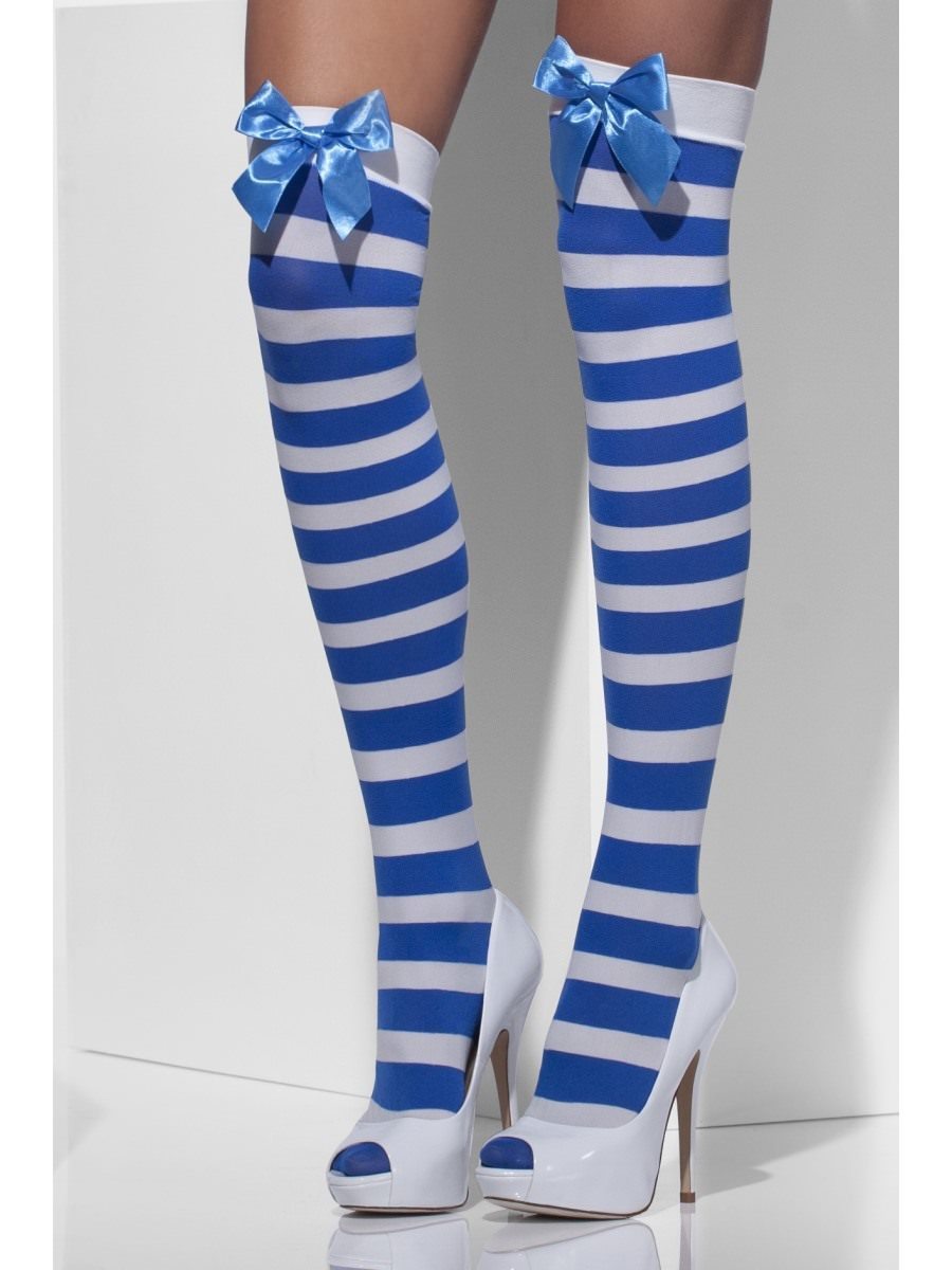 Blue And White Striped Opaque Hold Ups With Bows Alternative View1