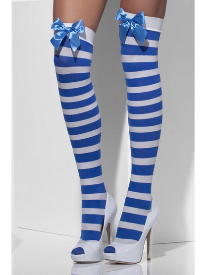 Blue And White Striped Opaque Hold Ups With Bows Alternative View1