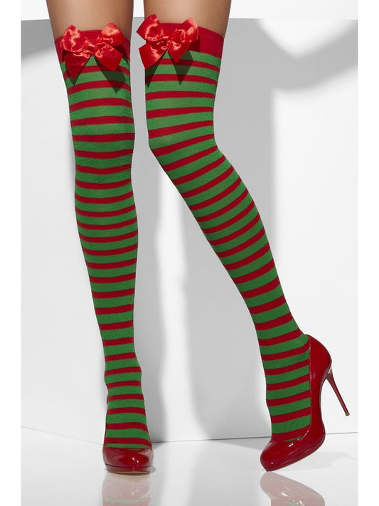 Red And Green Striped Opaque Hold Ups With Bows Alternative View1
