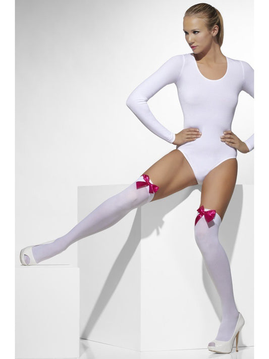 White Opaque Hold Ups With Fuchsia Bows