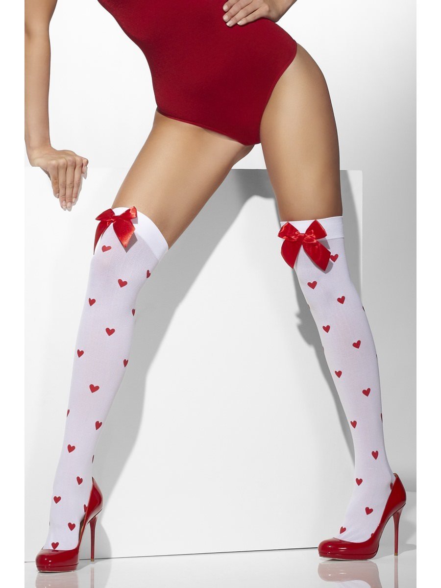 White Opaque Hold Ups With Red Bows And Heart Print