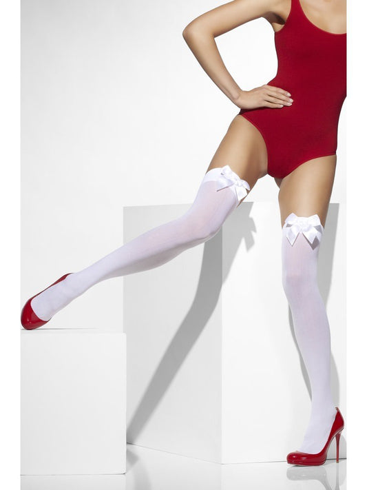 White Opaque Hold Ups With White Bows